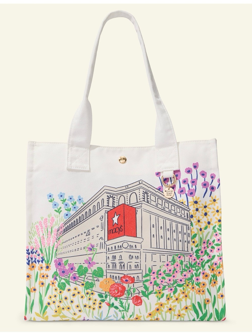 Macy's White Canvas Tote with Colorful Floral and Store Illustration